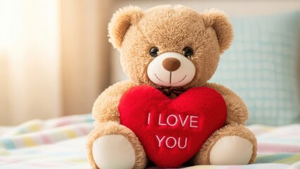 Obraz premium Soft teddy bear holding a red heart pillow with I Love You message on a cozy bed.
