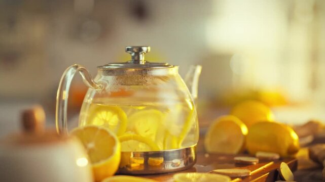 In a warm kitchen setting, a transparent glass teapot filled with swirling lemon and ginger is surrounded by utensils and fresh slices of lemon, creating a soothing tea-making scene