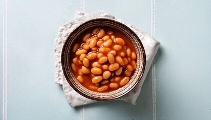 baked beans in a ceramic bowl top view