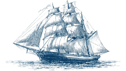 Illustration of Ship with Sails Raised - Vector Outline Design