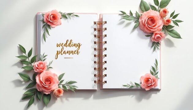 Open wedding planner book with pink roses and green leaves. Blank pages ready for notes, checklists, and important details for planning a special ceremony and reception event. - Powered by Adobe