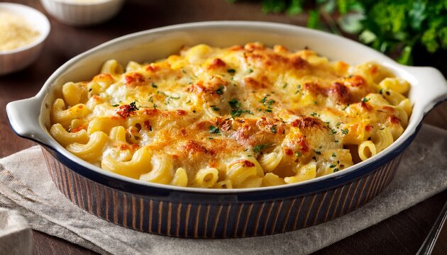 baked macaroni and cheese in a ceramic dish