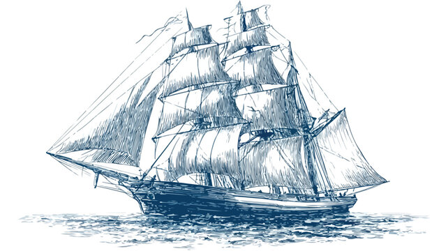 Illustration of Ship with Sails Raised - Vector Outline Design
