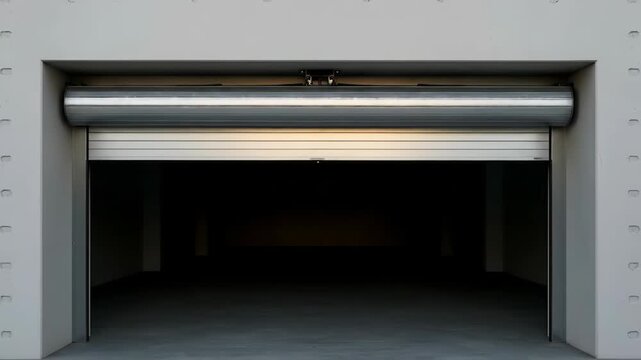 Security roller shutter opening sequence for a garage door, revealing a dark empty interior, for access and storage concepts.