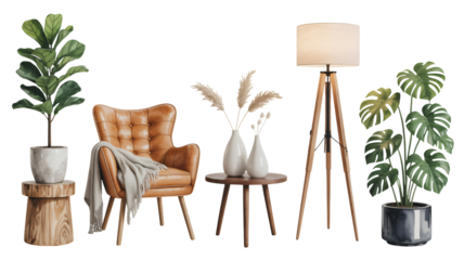 Cozy mid century modern living room vignette featuring leather armchair plants and tripod lamp