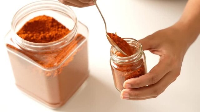 Hands carefully spooning vibrant red chili powder into small jar, spice storage