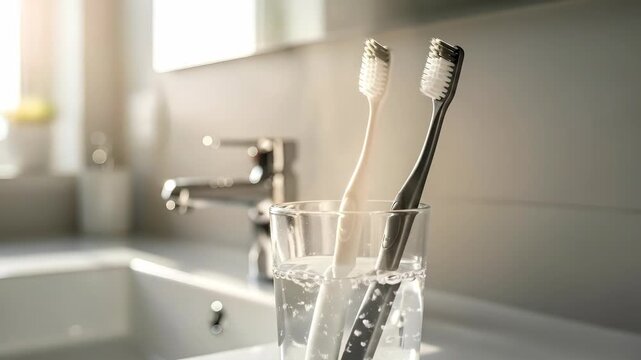 White and black toothbrushes in a clear glass full of water placed on a bathroom sink, representing daily oral hygiene routine.