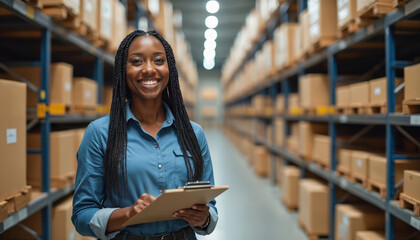 Woman worker with clipboard smiles in warehouse aisle. Boxes stacked on shelves, logistic business, inventory management, supply chain professional. She works in storage facility.