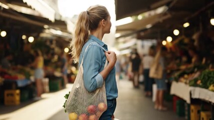 Young woman shopping for fresh produce at a vibrant outdoor market