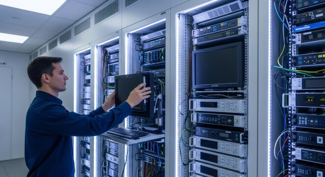 Man engineer working with server rack. Data center infrastructure maintenance for network and cloud computing. IT support and service concept. - Powered by Adobe