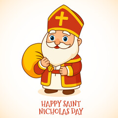 Happy Saint Nicholas Day! Festive card featuring the traditional Christian character of St. Nicholas carrying a sack of gifts. Vector illustration of a kind Catholic priest in a festive red robe.