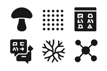 Fungal Communication Icons. Solid style icons of fungal script systems: mushroom icons, spore grids, lexicon panels, translation