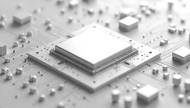 White central processing unit on a computer circuit board. Microchip component of tech hardware and digital innovation. Modern electronic engineering and data processing.