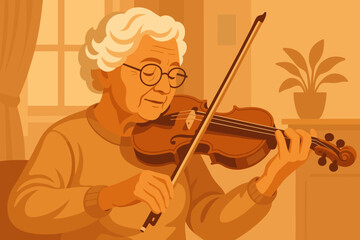 Nostalgic Violin Serenade. Elderly woman playing a violin in a softly lit room, warm and nostalgic tones, ideal for vector