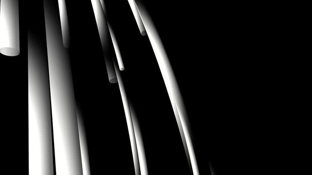 Abstract black and white digital art featuring descending illuminated cylindrical forms in darkness