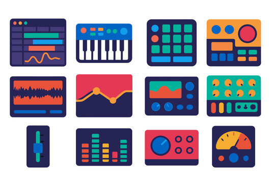 Electronic Music Icons. Flat vector icons of Electronic Music Production: DAW screen, midi keyboard, drum pad, sampler, waveform