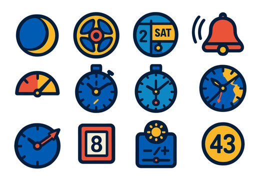 Modern Horology Icons. Flat vector icons of horological complications: moonphase display, tourbillon, perpetual calendar, minute