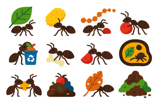 Ant Icons Collection. Flat vector icons of ants as scavengers: ant carrying leaf, ant with bread crumb, trail of food transport,