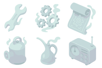 Ethereal Mechanic Workshop. Isometric vector illustration set Ethereal Mechanic Workshop: ghostly wrench, levitating cogs,