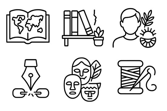 Post-Colonial Icons. Line style icons of Post-Colonial Literature: open book with map, decolonized bookshelf, writer with heritage