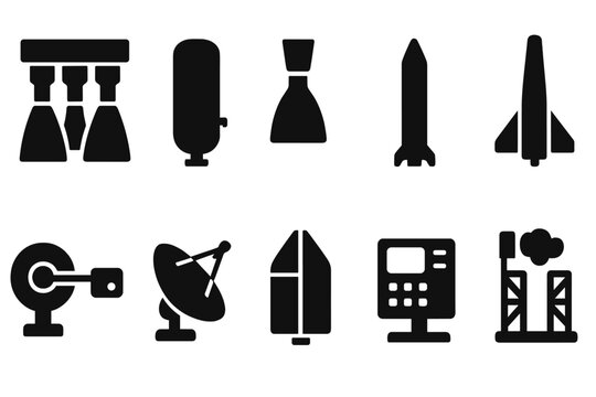 Rocket Mechanics Icons. Solid style icons of Rocket mechanics: booster engine, fuel tank, nozzle, fin assembly, ignition switch,