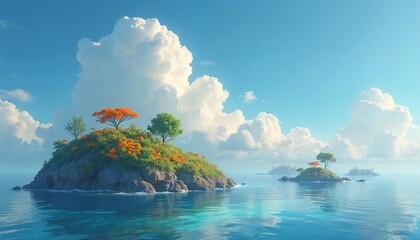 Small island with green and orange trees rises from calm ocean waters. Fluffy white clouds drift across a bright blue sky. Distant islands dot the serene seascape under fair weather conditions.