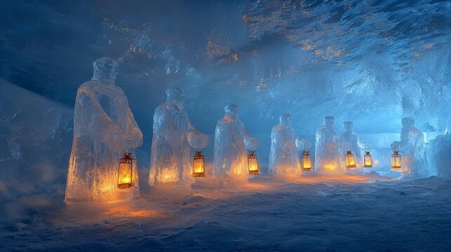 A frozen cavern lit by lanterns, housing transparent ice sculptures resembling robed figures, emanating a warm glow against the cool blue hues - Powered by Adobe