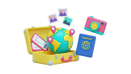 Travel suitcase with globe, camera, passport, and photos - travel concept