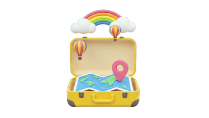 Travel Suitcase with Map, Balloons, and Rainbow - Adventure Concept