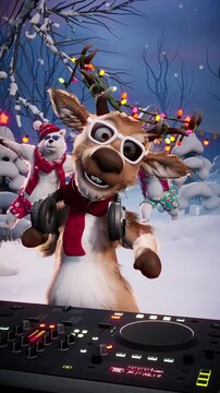Christmas Party: Funny reindeer DJ, Santa Claus and polar bears dance on a winter holiday background. Animated video for greeting cards, festive events, and New Year&rsquo;s parties.