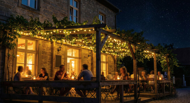 Cozy outdoor cafe terrace with wooden pergola and warm string lights at night