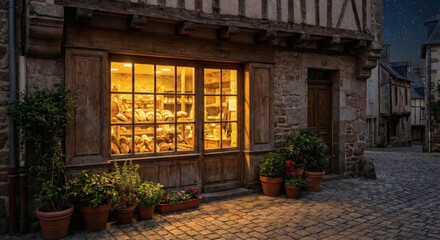 Rustic bakery storefront at night with warm golden lighting and sustainable artisanal products