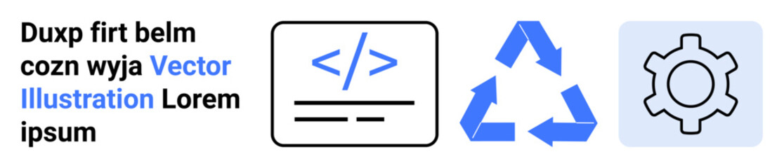 Code snippet enclosed in brackets, recycling arrows, and gear outline. Ideal for technology, coding, sustainability, engineering, workflow, process design and a simple landing page