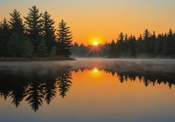 Fototapeta premium A vibrant abstract landscape painting capturing a still forest lake at dawn, reflecting the intense golden and orange hues of the rising sun ,light, ethereal, background