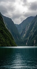 Fototapeta premium Beautiful mountainous landscape featuring deep blue water reflecting dramatic clouds and lush green forests lining steep slopes rising from the shore, blue, vibrant, light