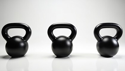 Three black kettlebells sit in a row on a clean white surface. These weights are perfect for strength training and gym workouts. They represent fitness power and a healthy lifestyle.