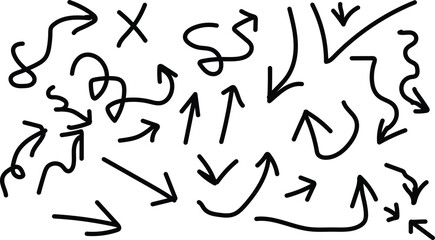 Hand drawn doodle arrows and symbols on white background arrow, curve, swirl, zig zag