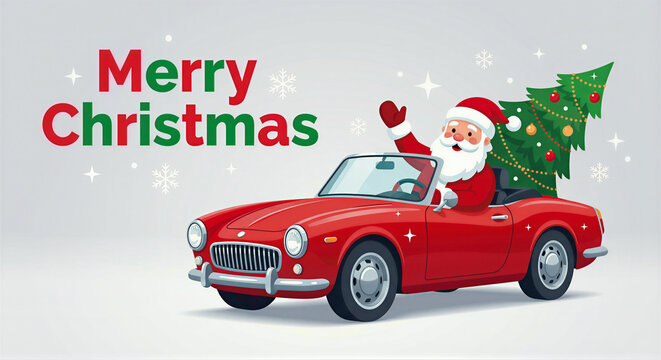 Santa is driving a Christmas tree in a red retro car, wishing a Merry Christmas. White background with snowflake outlines. AI generative.
