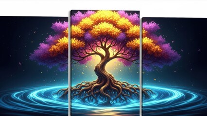 A vibrant triptych painting of a tree with colorful foliage and glowing roots