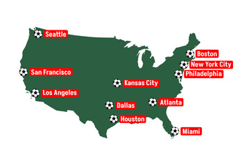 Detailed vector map of the United States highlighting the host cities of the main world soccer tournament in 2026, showing important locations across the country for the global soccer event.