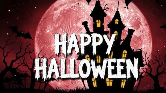 A spooky Halloween animation featuring a silhouette of a crooked haunted castle with glowing yellow windows set against a massive, textured blood-red full moon. 