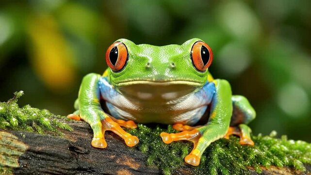Vibrant Red Eyed Tree Frog Perched on Mossy Branch Macro Shot Exotic Amphibian Nature Wildlife