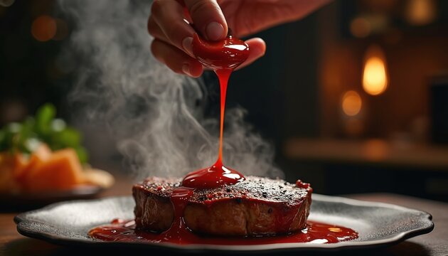 Juicy steak gets red sauce poured over it. Steam rises from hot grilled meat on dark plate. Food presentation looks elegant in restaurant setting.