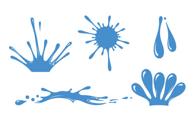 Blue water splashes and drops on a pure in various shapes