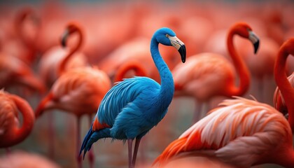 Obraz premium A lone blue flamingo stands out from a flock of pink flamingos. Its distinct color makes it unique in the group. The bird has bright blue plumage. Flamingo colony wildlife nature scene.