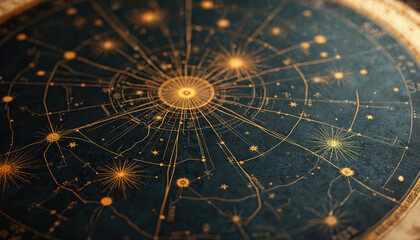 Vintage celestial map shows star constellations, cosmic connections. Golden lines on dark blue background detail universe patterns. Used for astrology, astronomy, navigation, science study.