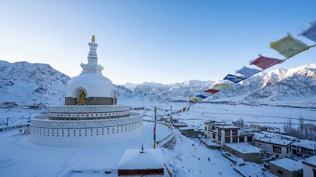 scenic shanti stupa leh ladakh covered in snow india video