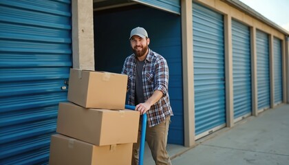 Bearded man with cap pushes cart with boxes towards self storage unit. Male worker loads items into facility. He smiles while moving personal belongings into his rental space.