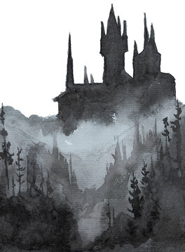 Watercolor hand painted dark castle frame isolated on white.