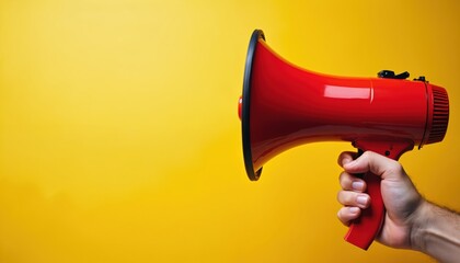 Hand holds red megaphone against bright yellow background. Device amplifies voice for public address, rally, or protest. Clear communication or warning symbol.